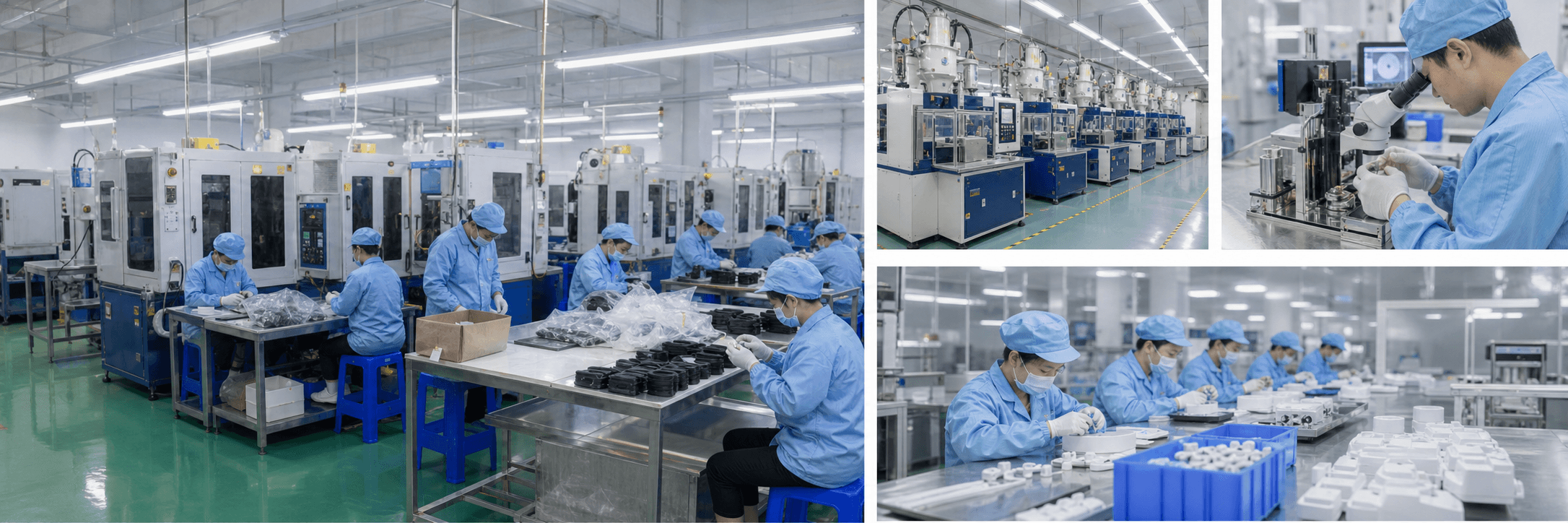 Silicone baby tableware factory production line with molding equipment, assembly workers and quality inspection